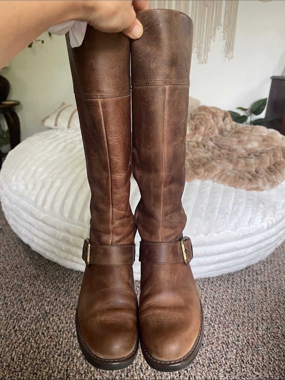 Brown Leather Knee-High Riding Boots with Buckle